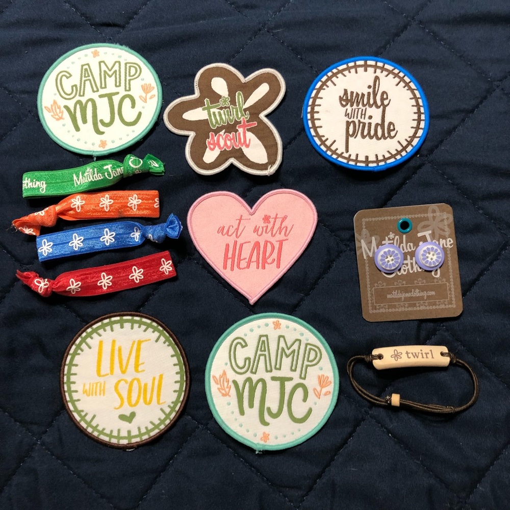 OG Matilda Jane swag, hair ties, patches, earrings, and bracelet, NWOT